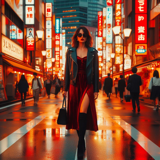 Eine stilvolle Frau geht eine Straße in Tokio entlang, die mit warm leuchtendem Neon und animierten Stadtschildern gefüllt ist. Sie trägt eine schwarze Lederjacke, ein langes rotes Kleid und schwarze Stiefel und trägt eine schwarze Handtasche. Sie trägt eine Sonnenbrille und roten Lippenstift. Sie geht selbstbewusst und lässig. Die Straße ist feucht und reflektierend, wodurch ein Spiegeleffekt der bunten Lichter entsteht. Viele Fußgänger laufen herum.