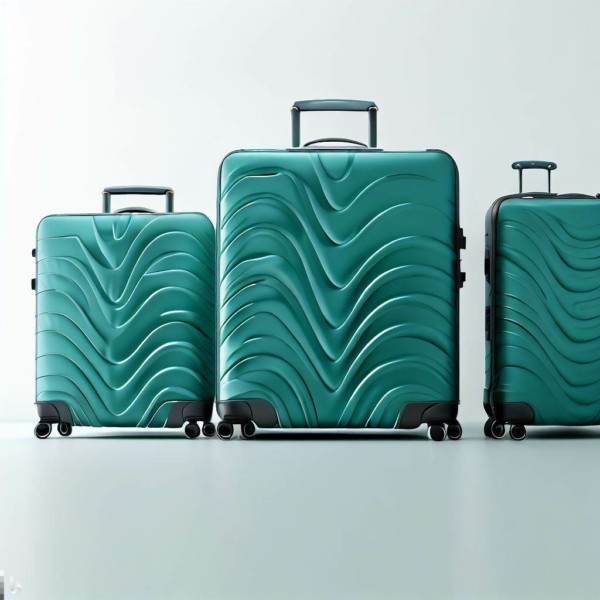 Create a photo-realistic image of three teal-green suitcases, lined up in increasing size from left to right against a stark white wall. All have a wave pattern, extendable handle, four wheels, and bear the 'eTrado' logo. Ideal for an online shop product description.